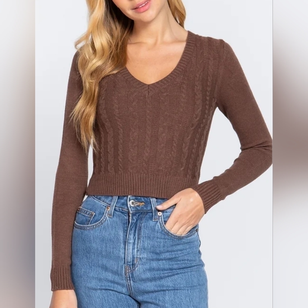 Active USA Fitted Long Sleeve Brown V-neck Cable Sweater Medium - New With Tags
